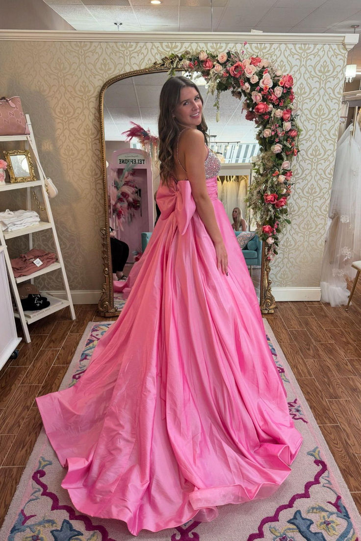 Princess A Line Spaghetti Straps Pink Long Prom Dress with Beading Bowknot