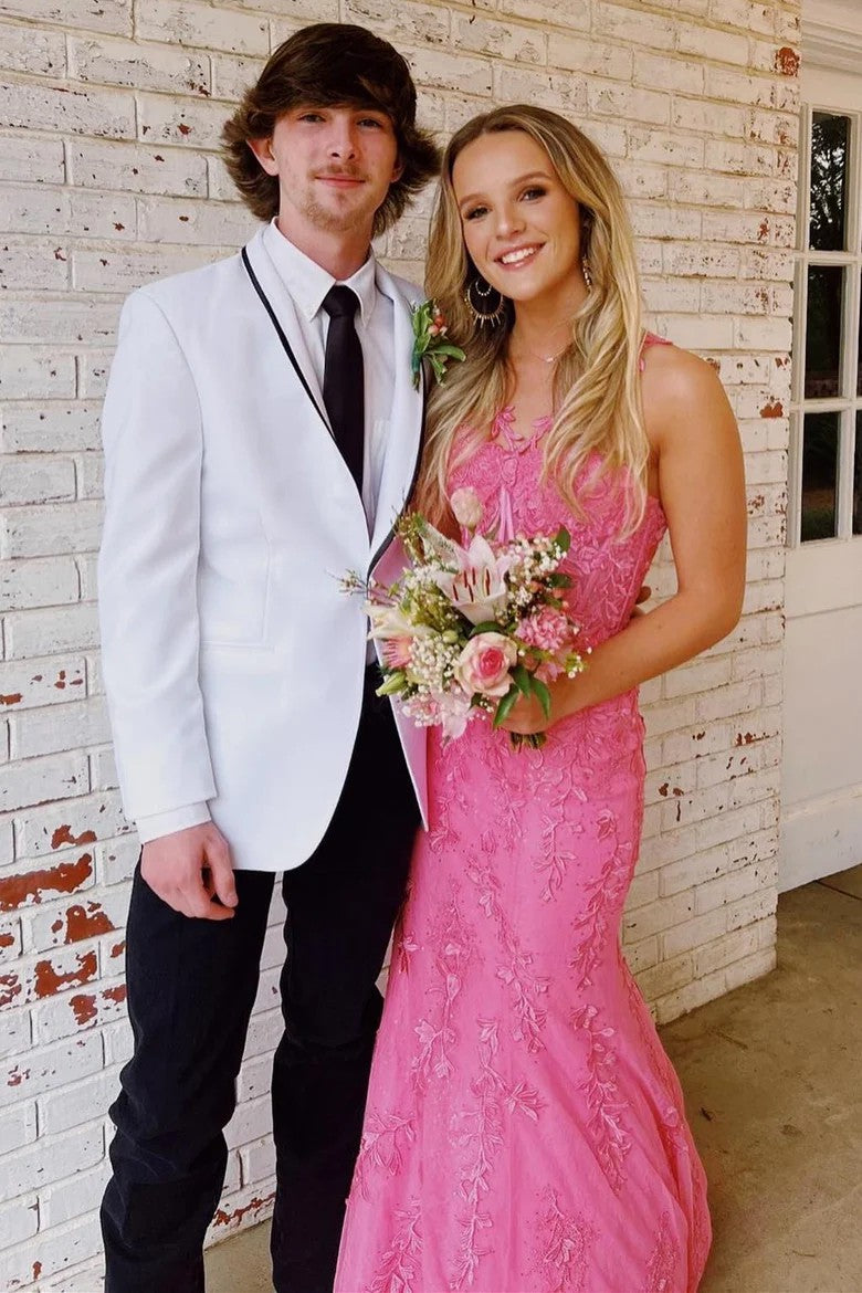 Red Halter Mermaid Prom Dress with Floral Appliqué Straps