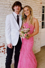 Red Halter Mermaid Prom Dress with Floral Appliqué Straps