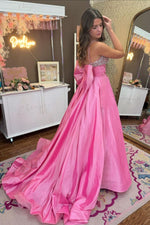Princess A Line Spaghetti Straps Pink Long Prom Dress with Beading Bowknot