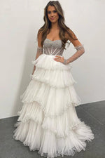 White Tiered Tulle Off-Shoulder Ball Gown with Beaded Bodice Prom Dress
