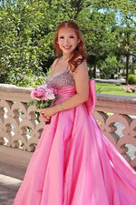 Princess A Line Spaghetti Straps Pink Long Prom Dress with Beading Bowknot