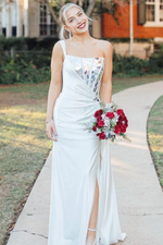 White Sheath One Shoulder Square Neck Sleeveless Mirror-Cut Sequins Pleated With Slit Long Prom Dress