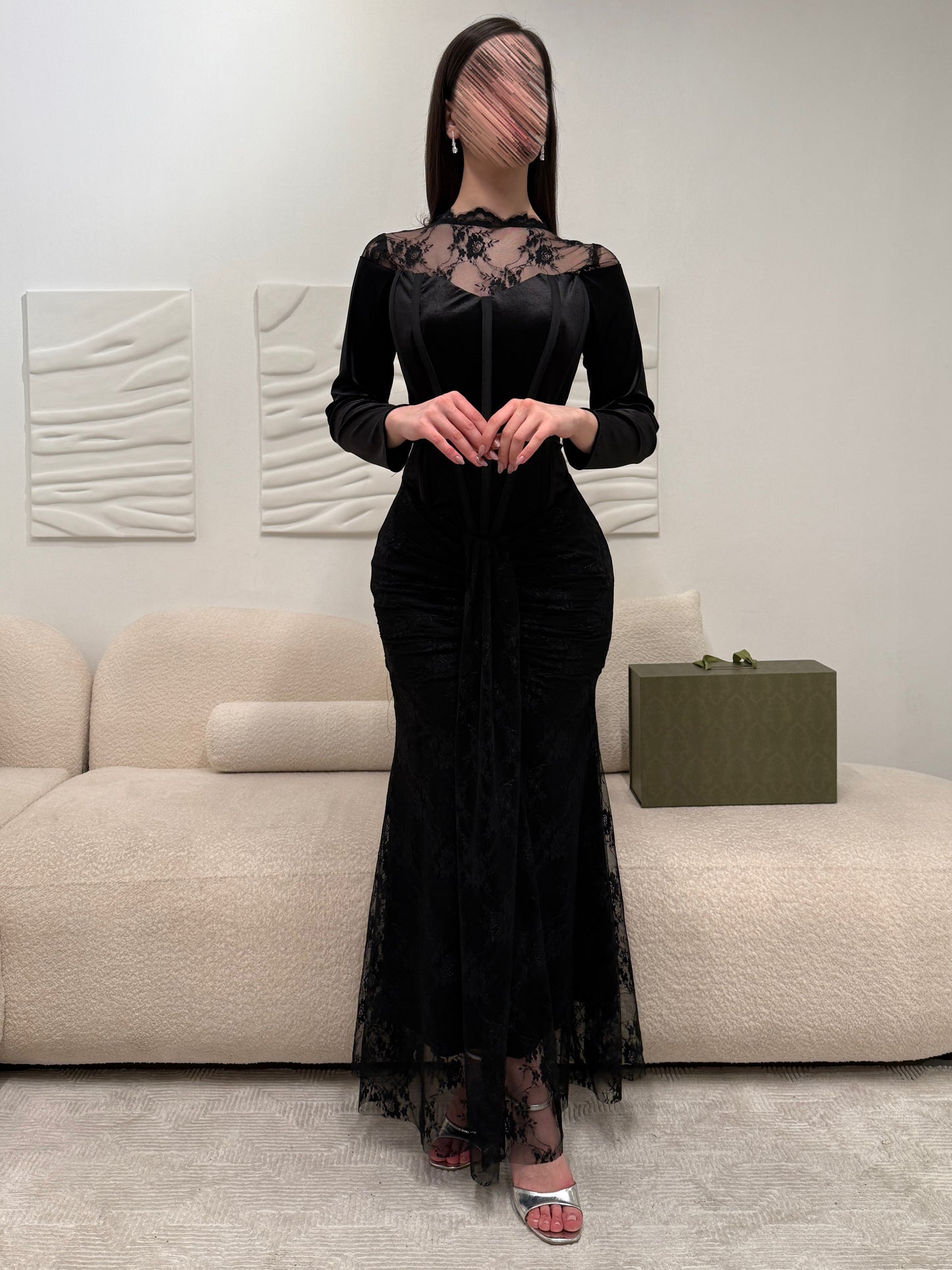 Lace O-Neck Black Long Sleeve Tulle Mermaid Ankle-Length Evening Dress