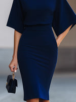 Minimalist Navy Batwing Sleeve Top Midi Skirt Two-Piece Set