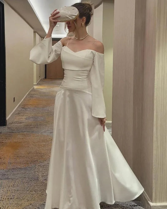 Simple Off the Shoulder Long Sleeve A-Line Evening Dress Floor-Length