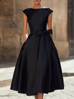 Elegance Boat-Neck A-Line Midi Wedding guest Dress With Oversized Side Bow