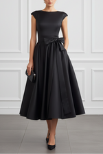 Elegance Boat-Neck A-Line Midi Wedding guest Dress With Oversized Side Bow