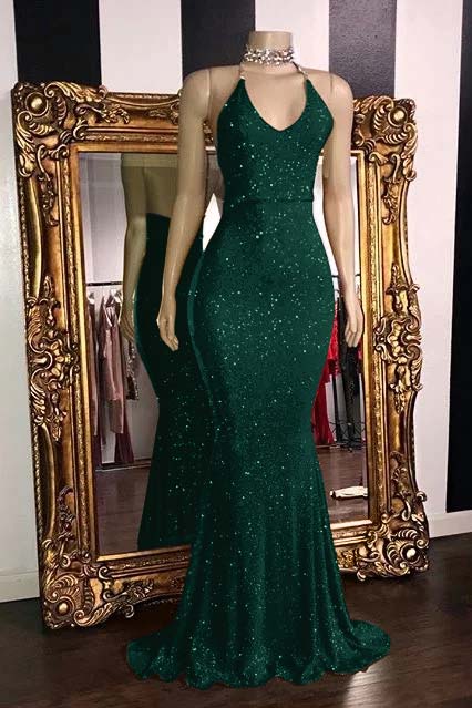 Hidais Glamorous Halter Neck Mermaid Sleeveless Red Long Prom Dress With Sequins