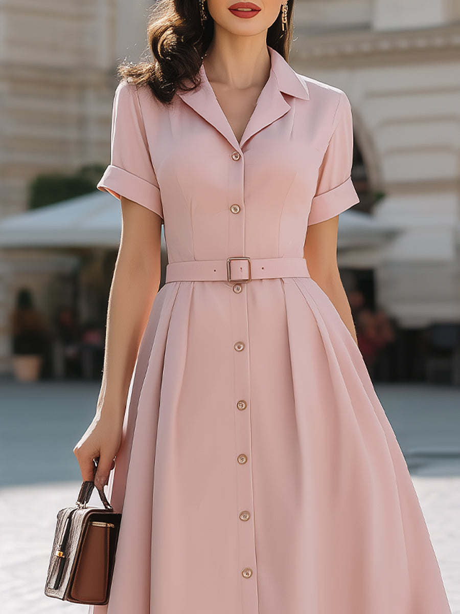 Blush Pink Shirt Dress With Belted Waist Fit-and-Flare Midi Silhouette