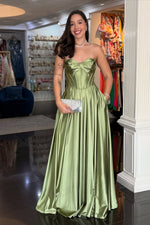 Elegant A-Line Sweetheart Sage Green Satin Long Prom Dresses with Pockets