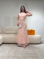 Pink High Neck Lace Sequins Flowers Long Sleeve Mermaid Ankle-Length Evening Dress