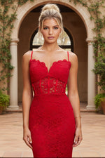 Long Red Lace Sleevless Mermaid Prom Dress