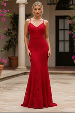 Long Red Lace Sleevless Mermaid Prom Dress