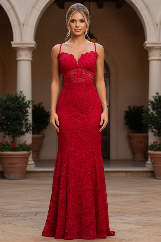 Long Red Lace Sleevless Mermaid Prom Dress