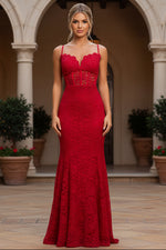 Long Red Lace Sleevless Mermaid Prom Dress