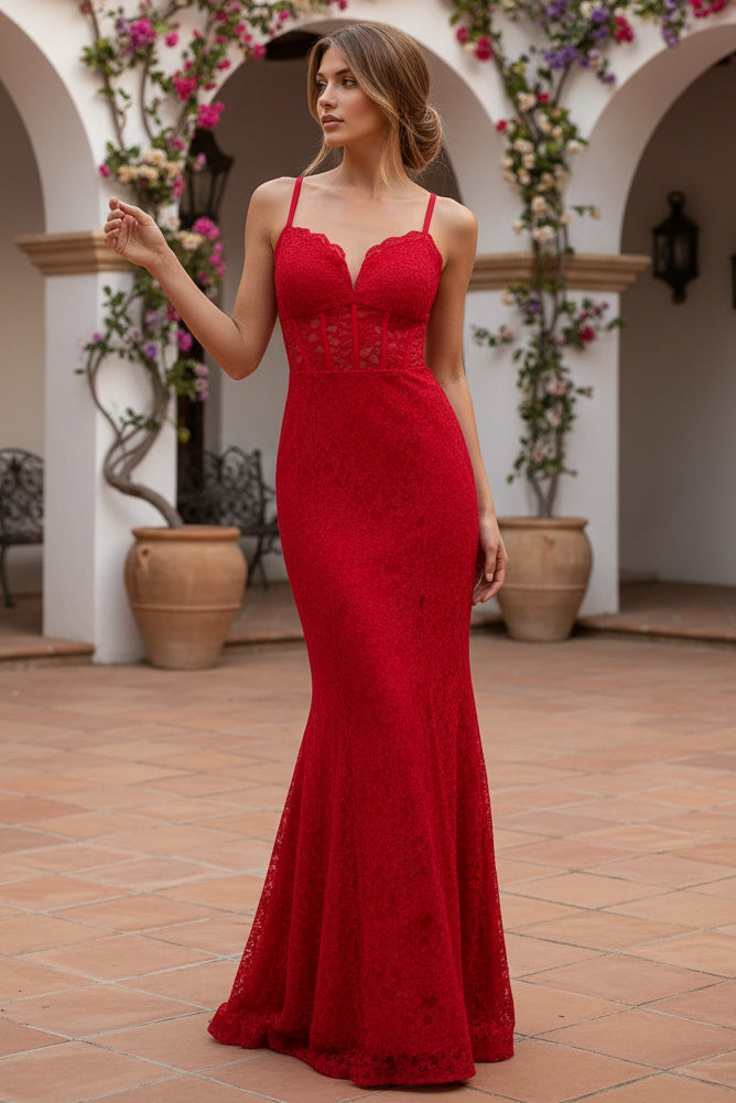 Long Red Lace Sleevless Mermaid Prom Dress