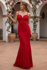 Long Red Lace Sleevless Mermaid Prom Dress
