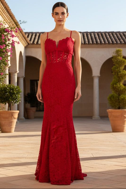 Long Red Lace Sleevless Mermaid Prom Dress
