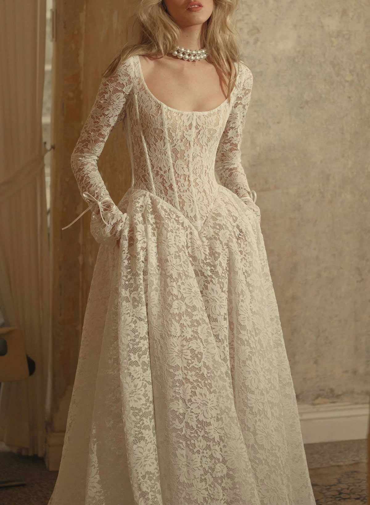 Elegant Cowl Neck Bow Long Sleeves A-Line Court Train Lace Wedding Dresses