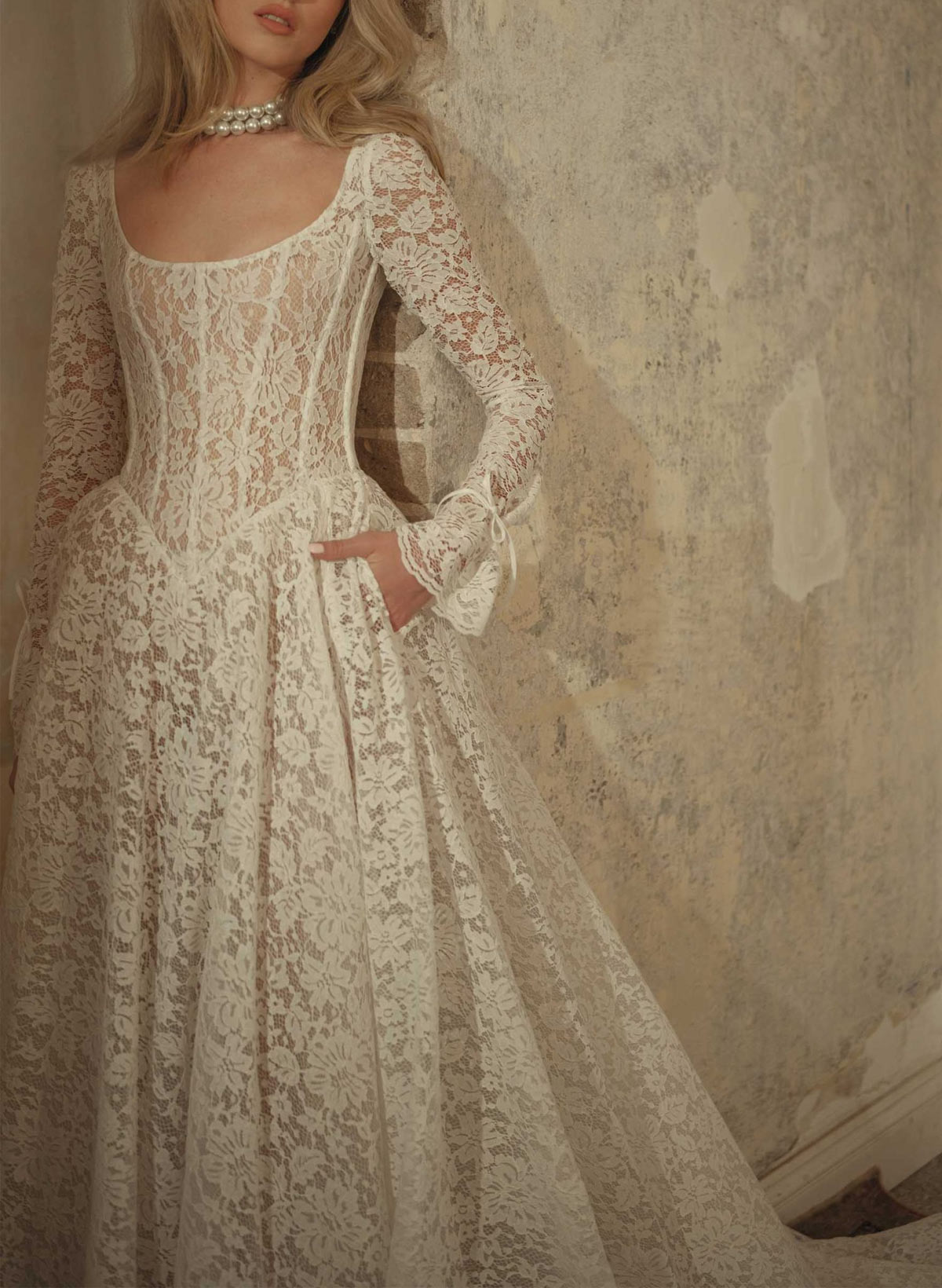 Elegant Cowl Neck Bow Long Sleeves A-Line Court Train Lace Wedding Dresses