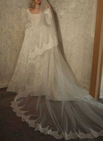 Elegant Cowl Neck Bow Long Sleeves A-Line Court Train Lace Wedding Dresses