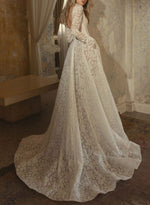Elegant Cowl Neck Bow Long Sleeves A-Line Court Train Lace Wedding Dresses