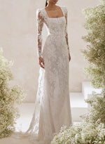 Elegant Square Neckline Long Sleeves Detachable Length Lace Wedding Dresses With Back