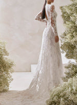 Elegant Square Neckline Long Sleeves Detachable Length Lace Wedding Dresses With Back