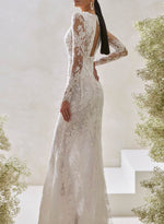 Elegant Square Neckline Long Sleeves Detachable Length Lace Wedding Dresses With Back