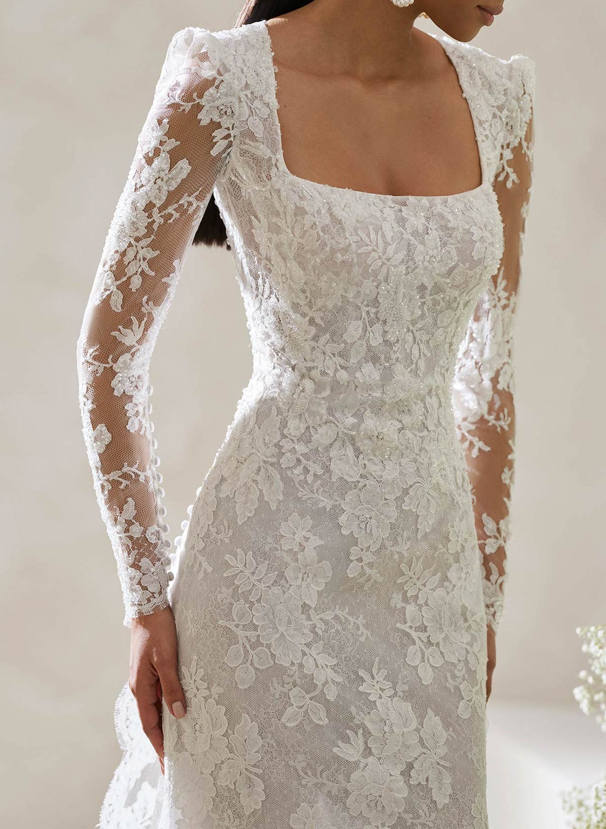 Elegant Square Neckline Long Sleeves Detachable Length Lace Wedding Dresses With Back