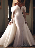 Luxury Off-The-Shoulder Long Sleeves Detachable Overskirt Mermaid Sequined Wedding Dresses