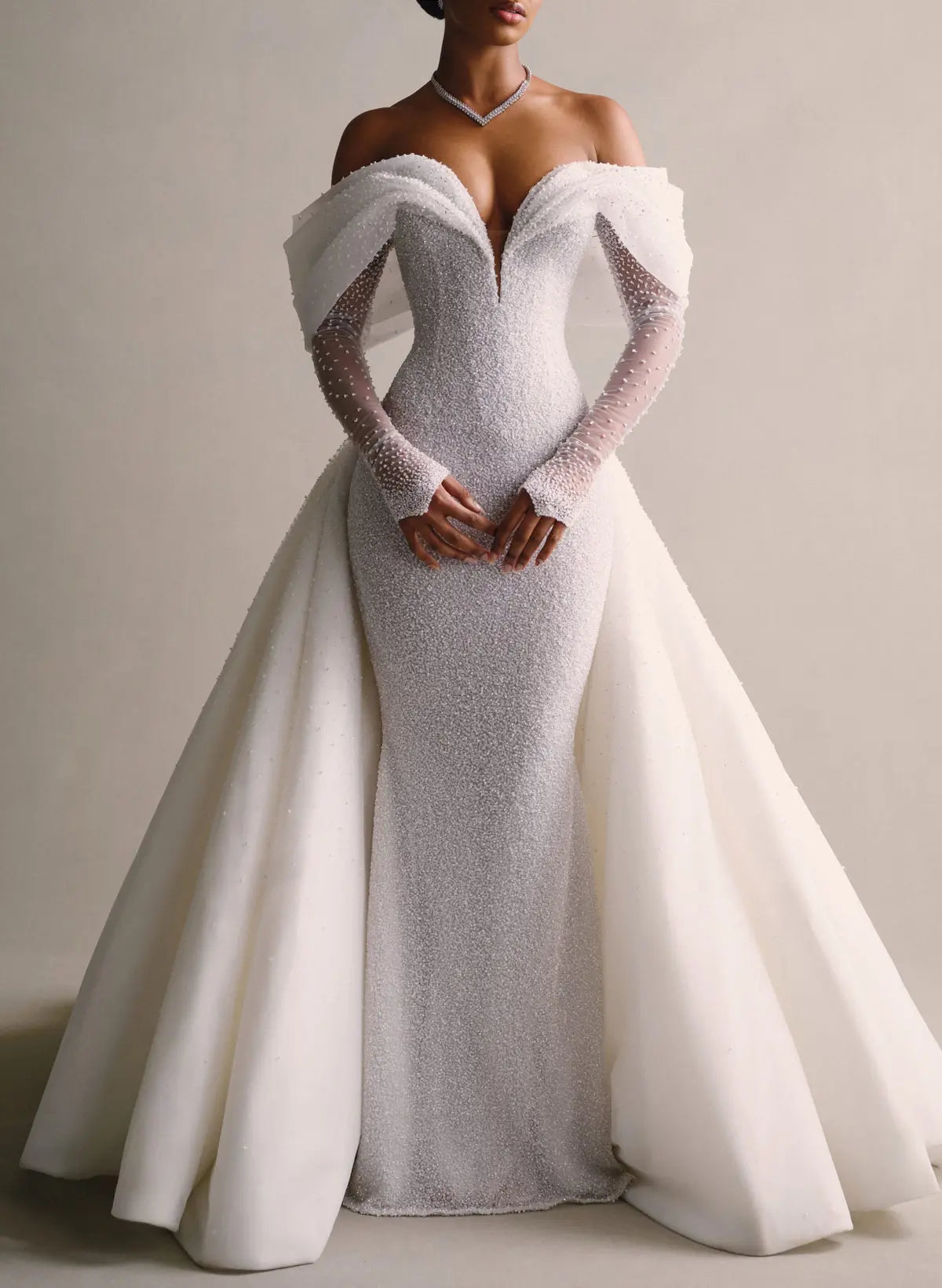 Luxury Off-The-Shoulder Long Sleeves Detachable Overskirt Mermaid Sequined Wedding Dresses