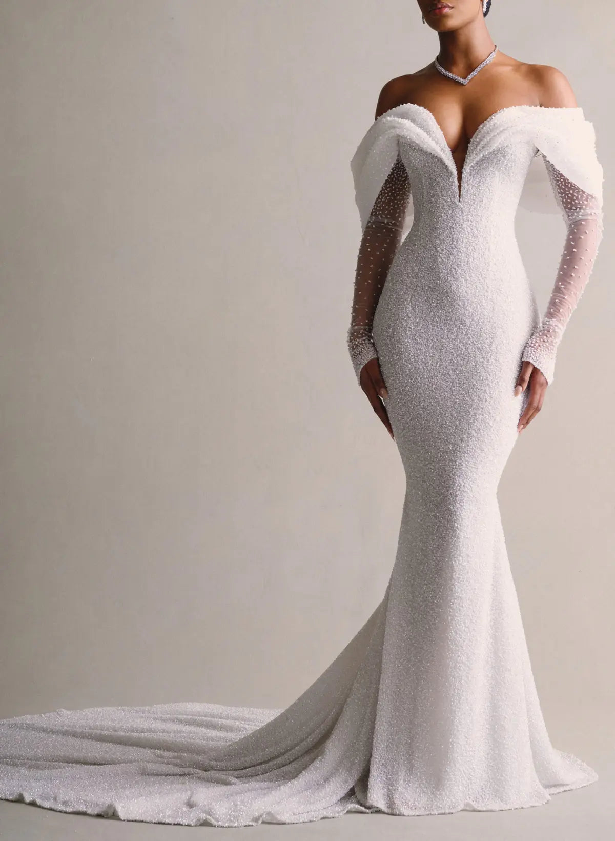 Luxury Off-The-Shoulder Long Sleeves Detachable Overskirt Mermaid Sequined Wedding Dresses