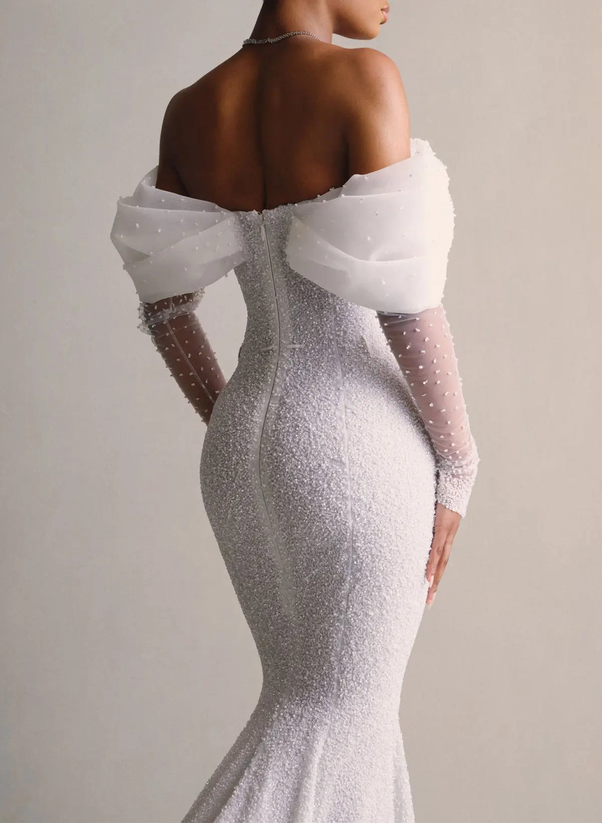 Luxury Off-The-Shoulder Long Sleeves Detachable Overskirt Mermaid Sequined Wedding Dresses