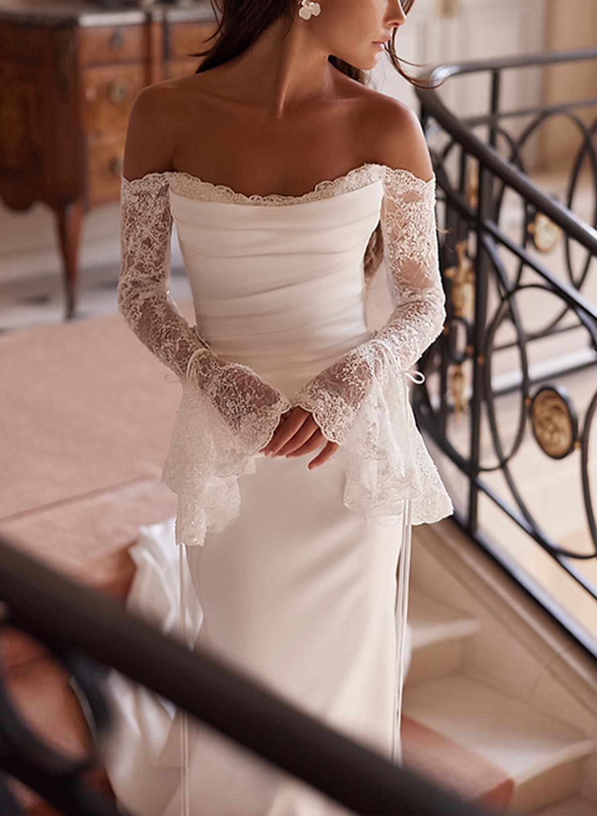 stretch chiffon wedding dress 44554: Chiffon A-Line Gown with Sweetheart Neckline and Blouson Long Sleeves
