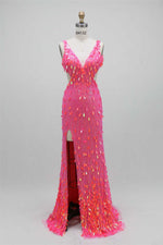 V-Neck Sleeveless Sequins Sparkle Backless Mermaid Side Slit Prom Dress