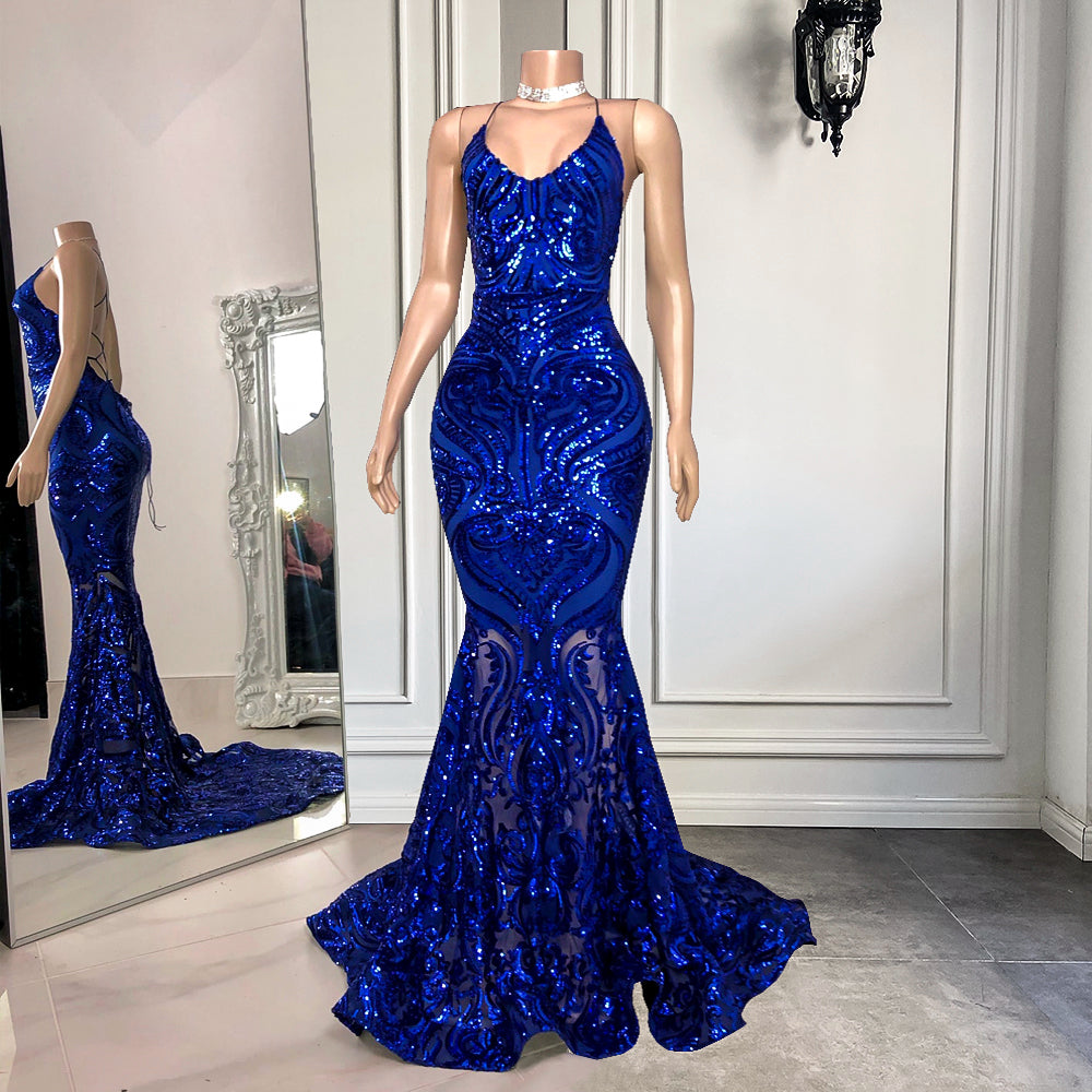 Hidais Mermaid Spaghetti Strap Sleeveless Royal Blue Long Prom Dress With Sequins