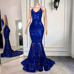 Hidais Mermaid Spaghetti Strap Sleeveless Royal Blue Long Prom Dress With Sequins