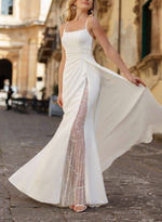 Spaghetti Straps Sleeveless Mermaid Side Slit Lace Sequins Weding Dress Floor-Length