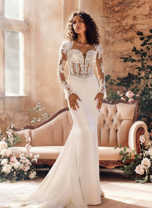 Sexy Lace Square Neck Long Sleeve Wedding Dress Backless Button Mrmaid