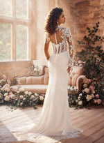 Sexy Lace Square Neck Long Sleeve Wedding Dress Backless Button Mrmaid