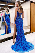 Exquisite Blue Embroidery Sequin Appliques Long Prom Dress with Slit