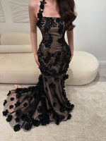 Fashion Black Halter Mermaid Flowers Floor-Lenght Evening Dress