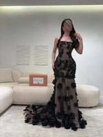 Fashion Black Halter Mermaid Flowers Floor-Lenght Evening Dress
