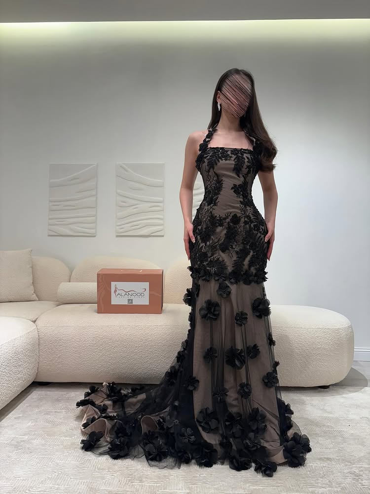 Fashion Black Halter Mermaid Flowers Floor-Lenght Evening Dress