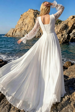A-Line V-Neck Sheer Lace Sleeves Lace/Tulle Wedding Dresses With Split Front