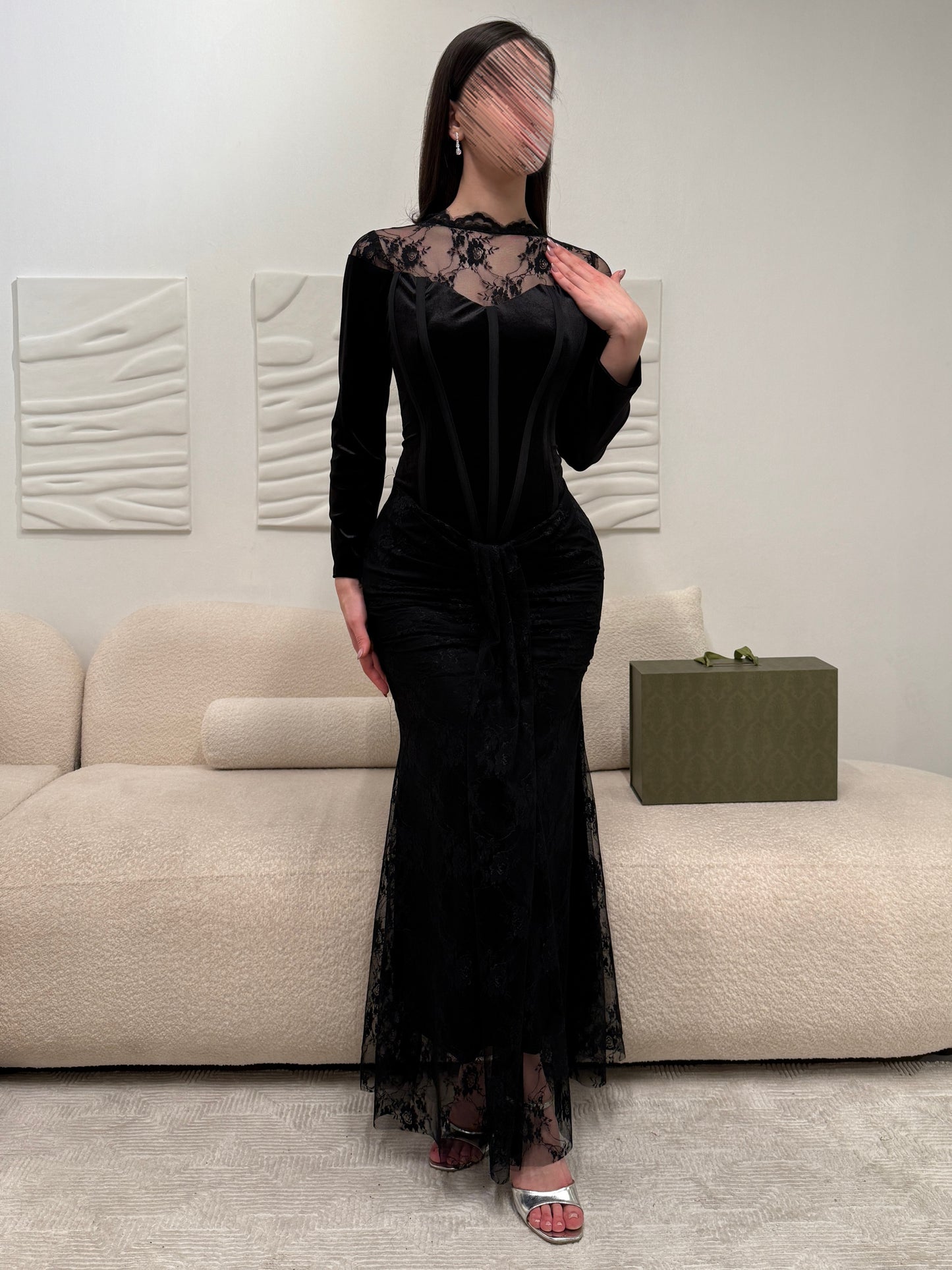 Lace O-Neck Black Long Sleeve Tulle Mermaid Ankle-Length Evening Dress