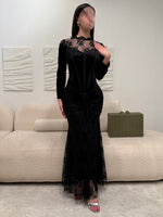 Lace O-Neck Black Long Sleeve Tulle Mermaid Ankle-Length Evening Dress