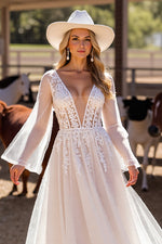 V-Neck Long Sleeves Tulle A-Line Bridal Dress With Appliques Open Back
